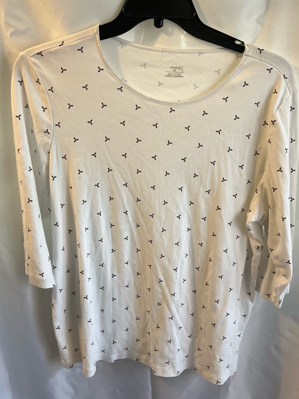 CJ Banks White Long-Sleeve Scoop Neck Top with Navy Micro Pattern
